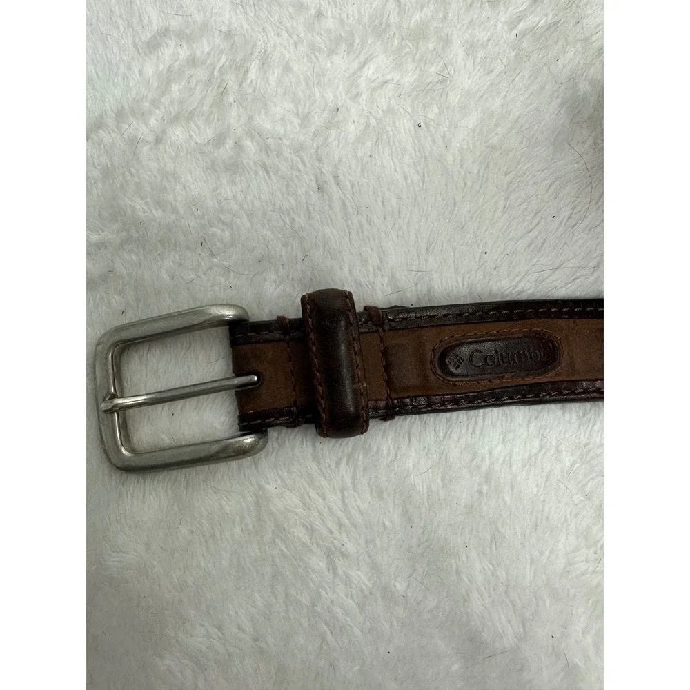 Columbia Mens‎ Brown Leather Belt Silver Buckle Stitched Logo
